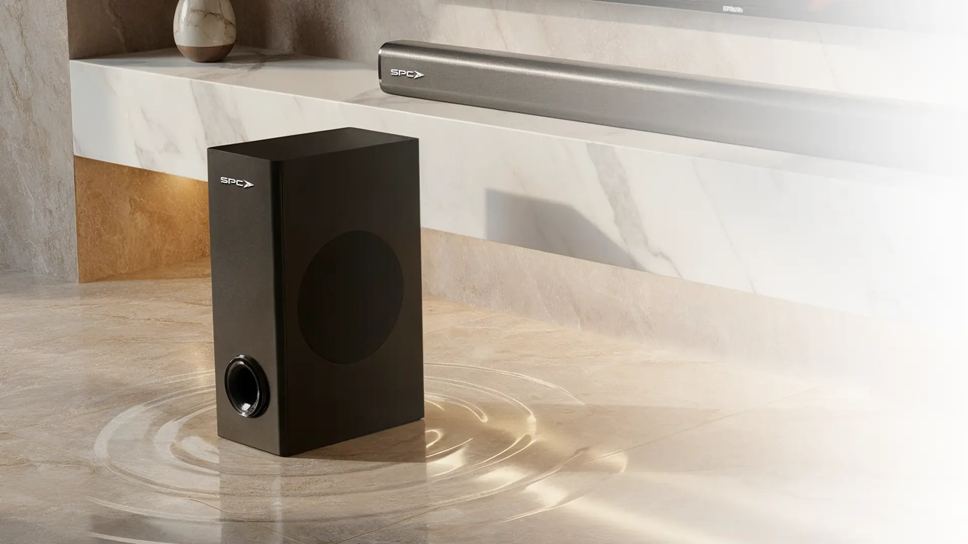 Soundbar SPC dengan built-in subwoofer bertenaga tinggi, menghasilkan suara bass mendalam yang menggelegar namun tetap mempertahankan kejernihan dialog film dan musik
