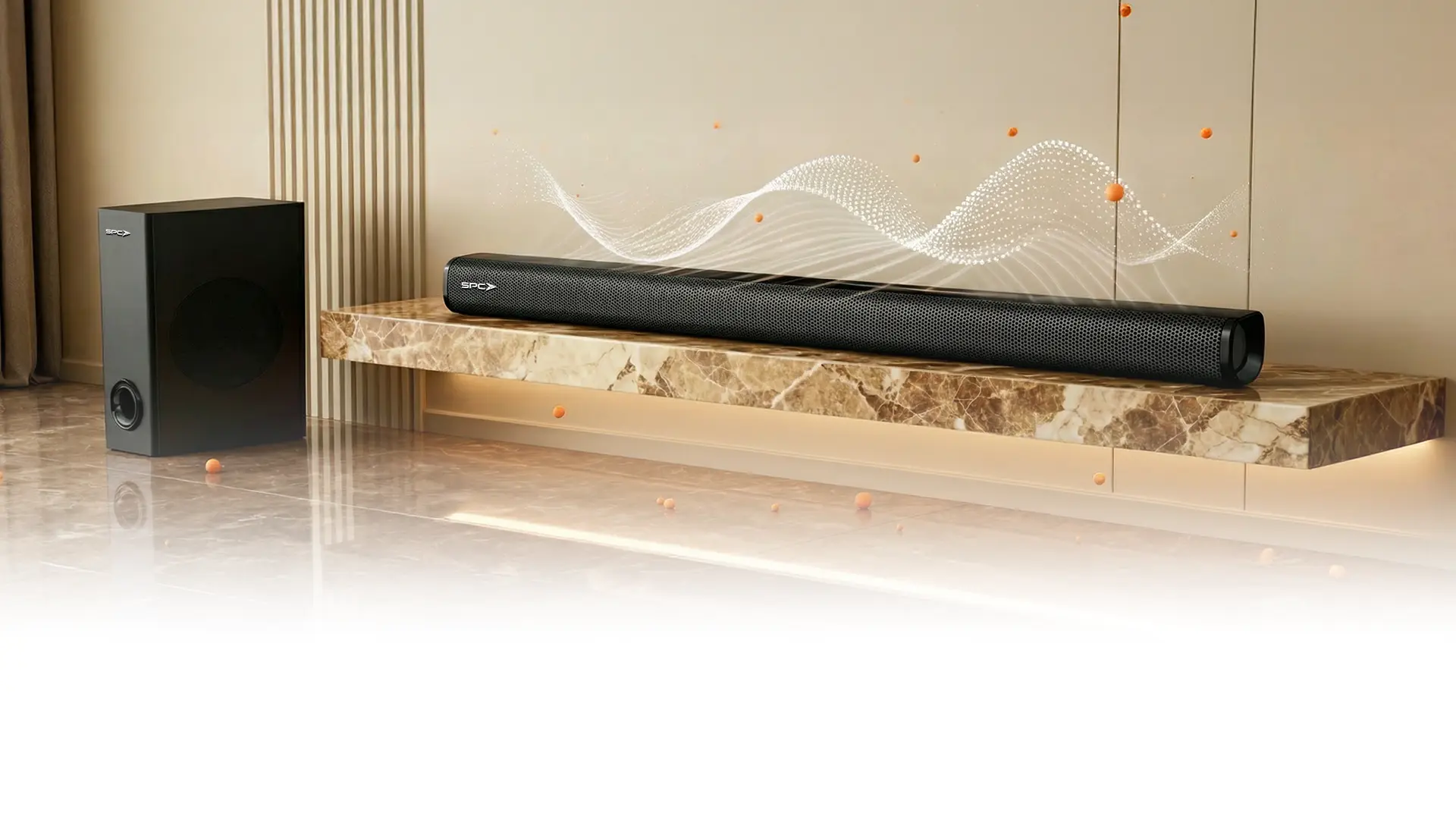 Soundbar SPC dengan performa audio bertenaga 100 Watt RMS, menghasilkan output suara menggelegar dan lantang untuk menghidupkan suasana hiburan di rumah