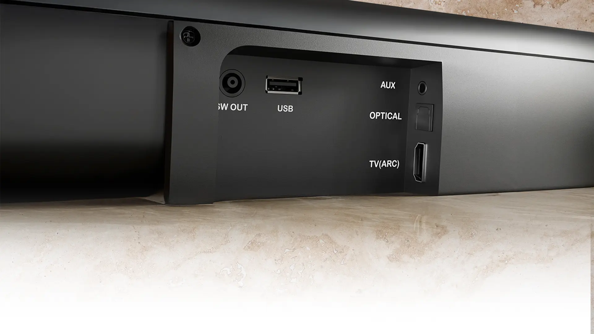 Soundbar SPC dengan fitur Multi-Connectivity lengkap termasuk Bluetooth, HDMI, USB, dan AUX untuk kemudahan menghubungkan berbagai perangkat media tanpa hambatan