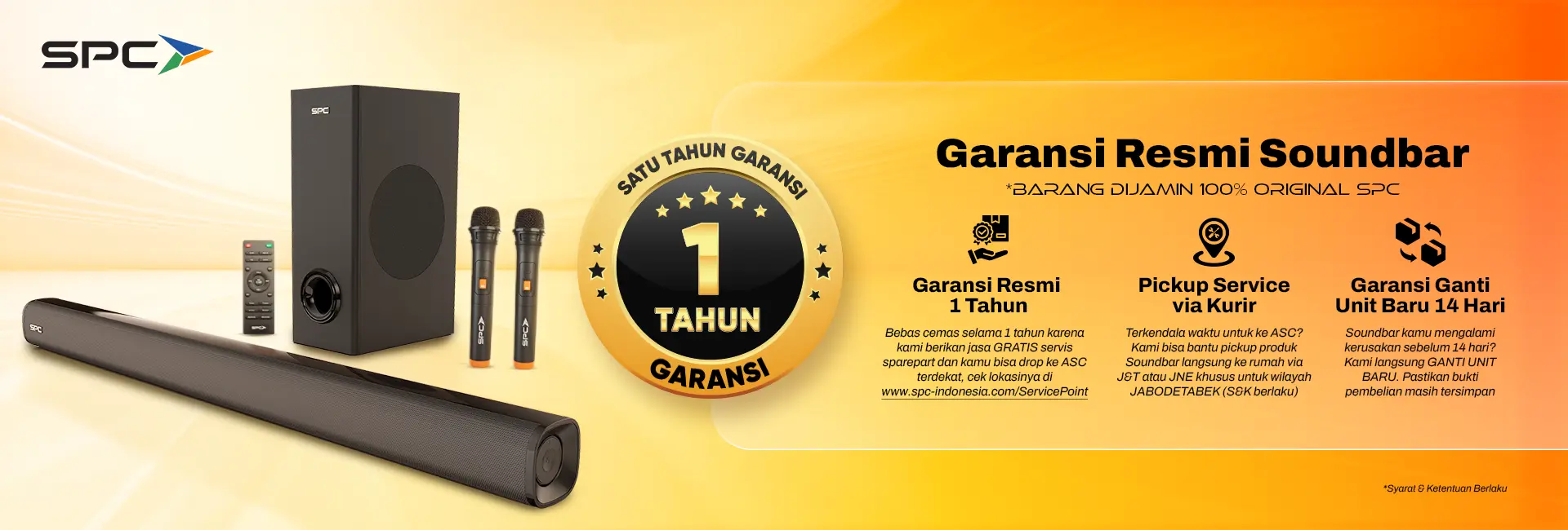 Garansi resmi soundbar SPC 1 tahun 100% original, dilengkapi layanan pickup service via kurir dan jaminan ganti unit baru 14 hari untuk kenyamanan belanja Anda