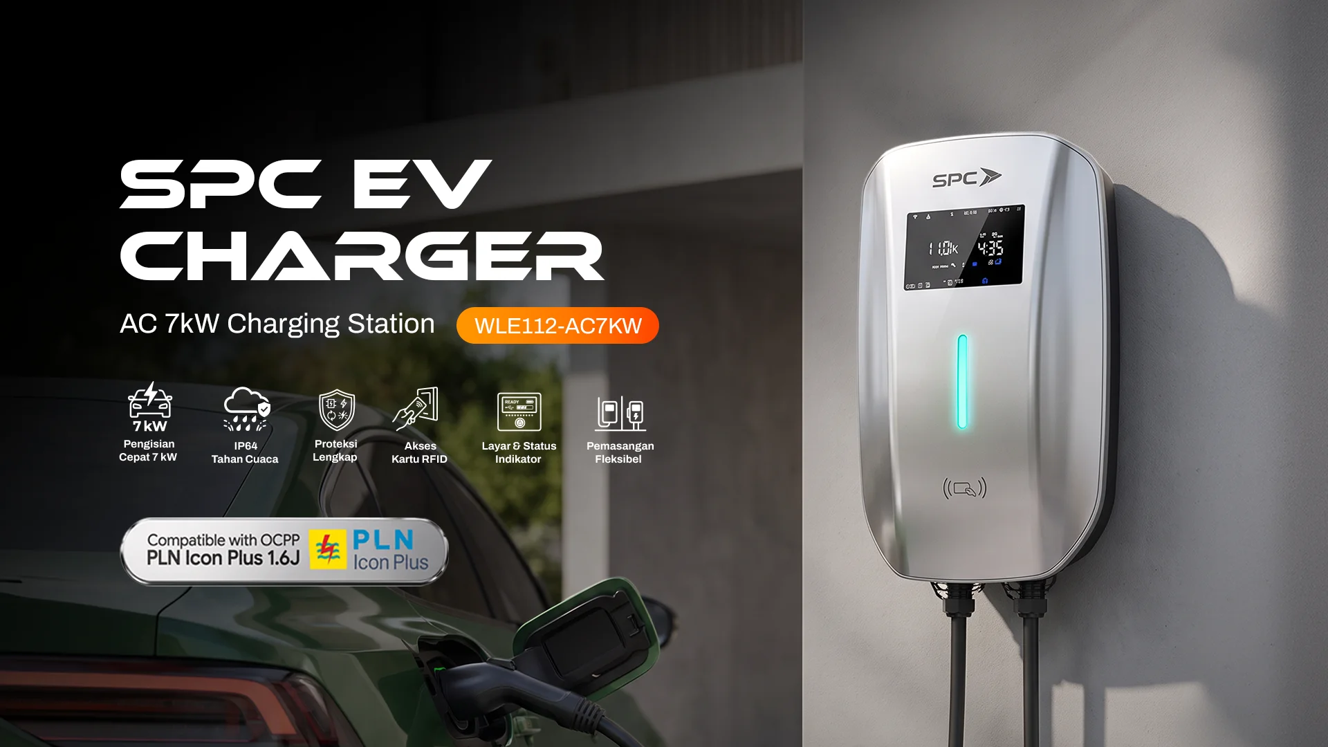 SPC EV Charger AC 7 kW WLE112-AC7KW Charging Station dengan Perlindungan IP64, Akses Kartu RFID, dan Dukungan OCPP PLN Icon Plus 1.6J
