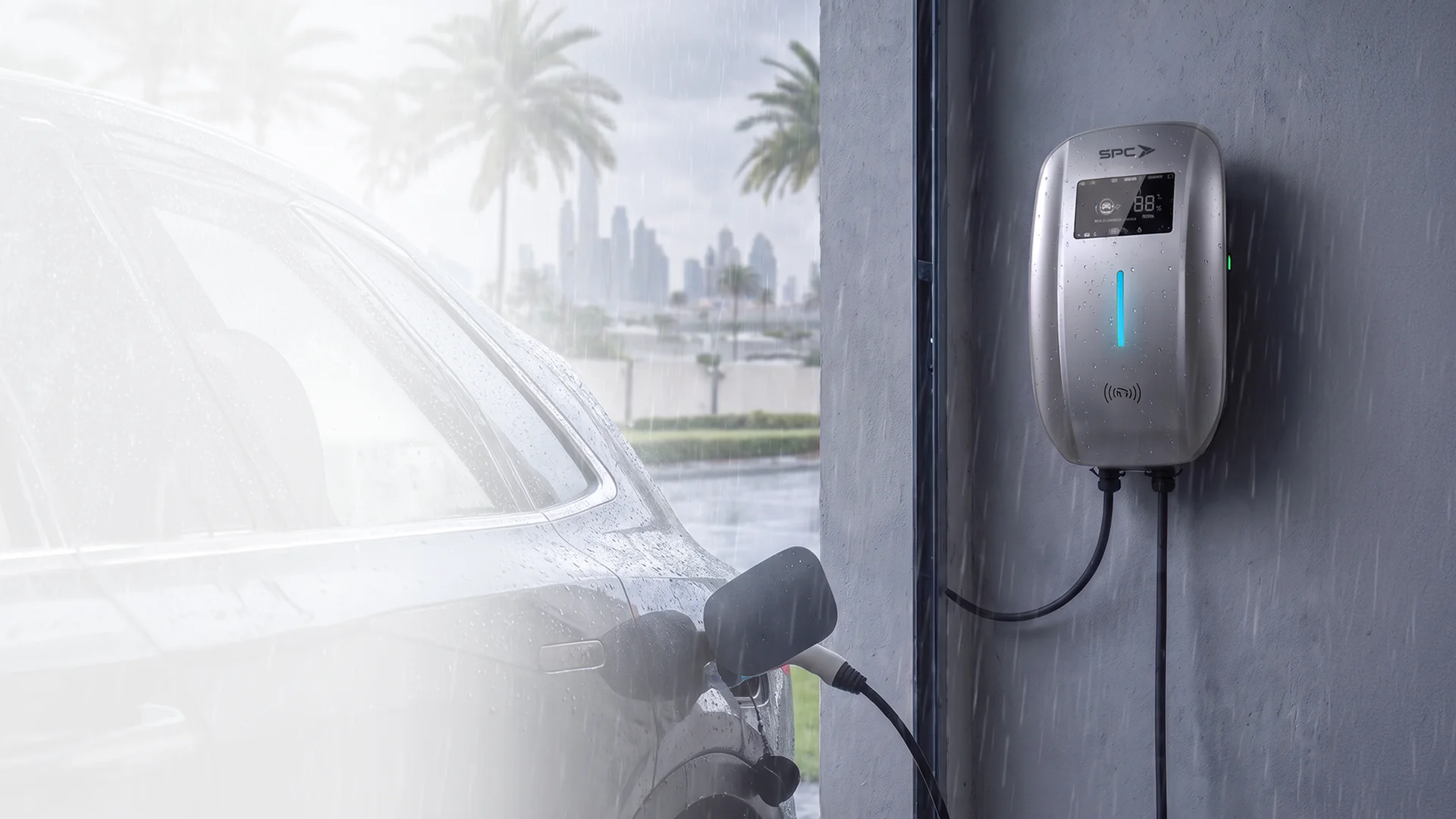 SPC EV Charger WLE112-AC7KW Tahan Cuaca Ekstrem dan Hujan dengan Sertifikasi Proteksi IP64 untuk Pengisian Daya Outdoor Aman